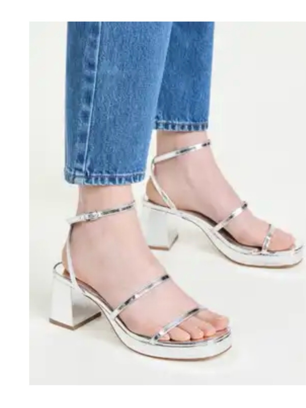 Larroude Silver Strappy Block Heel Sandals